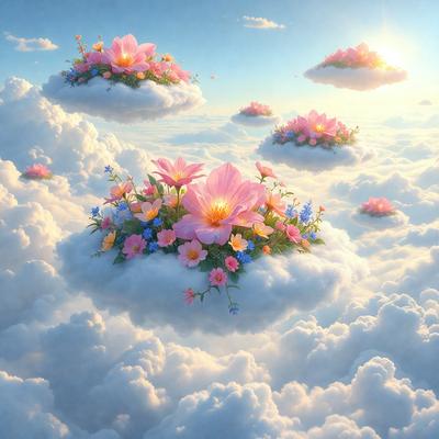 Primary subject: A cloud with a flower arrangement in the center.

Setting/background: The cloud is floating in a sky filled with other clouds.

Visual style: The image is a digital artwork.

Colors and mood: The cloud is predominantly white, and the flower arrangement is colorful, creating a cheerful and vibrant atmosphere.